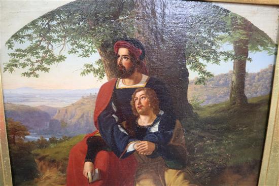 Pre Raphaelite School, oil on canvas, Figures in a landscape, 33 x 35cm.